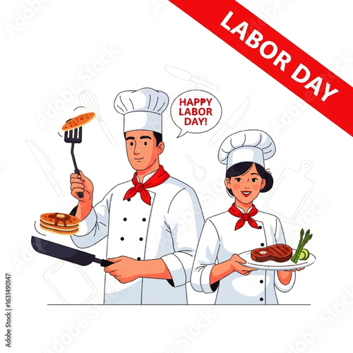 Two chefs, a man and a woman, preparing food for Labor Day, one with pancakes and the other with steak.