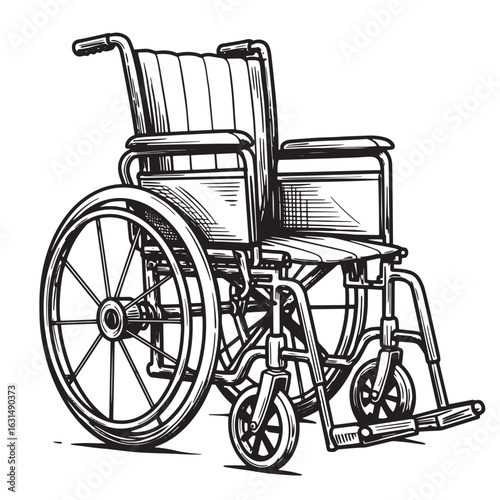 Detailed hand drawn illustration of a wheelchair featuring black and white line art style