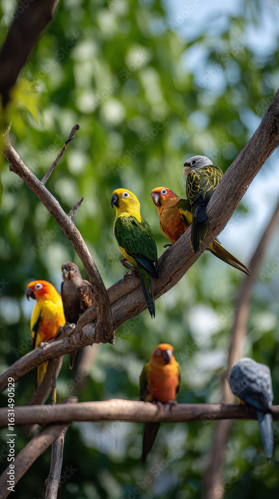 Obraz premium Parrots in a Tree Lively Scene