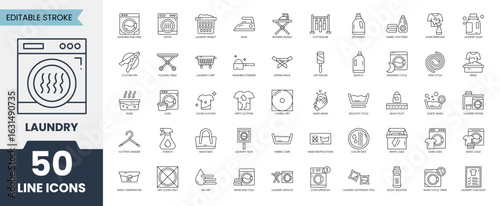 Laundry icon set. Contains icons related to laundry, washing, cleaning, washing machine, detergent, laundry service, clothes to and more. Editable stroke. Vector illustration
