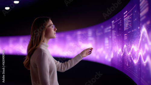 A woman interacts with a futuristic digital display, featuring vibrant purple graphics and data visualizations, demonstrating advanced technology.