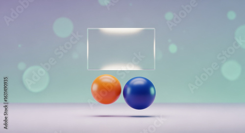 Orange and blue spheres below a glass rectangle with bokeh background