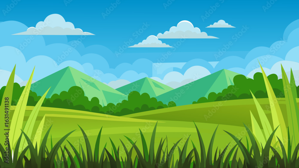 Obraz premium Vector art of stylized green hills and geometric mountains under a clear blue sky with scattered clouds, featuring foreground grass and lush trees, a picturesque natural scene