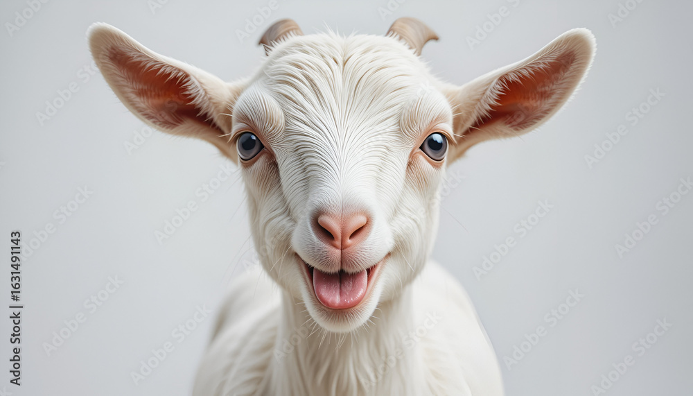 Fototapeta premium A white domestic goat with horns standing in a green grassy meadow on a sunny summer day