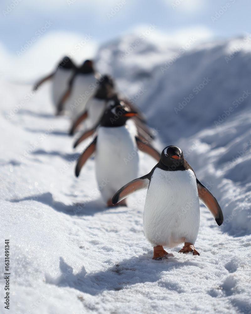 Obraz premium Penguins Waddling Snowy Landscape