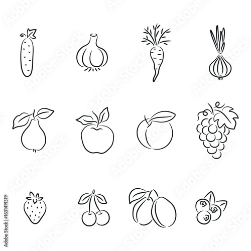 Line Art Fruit and Vegetable Icons, Cucumber, Garlic, Carrot, Pear, Apple, Peach, Grape, Berry