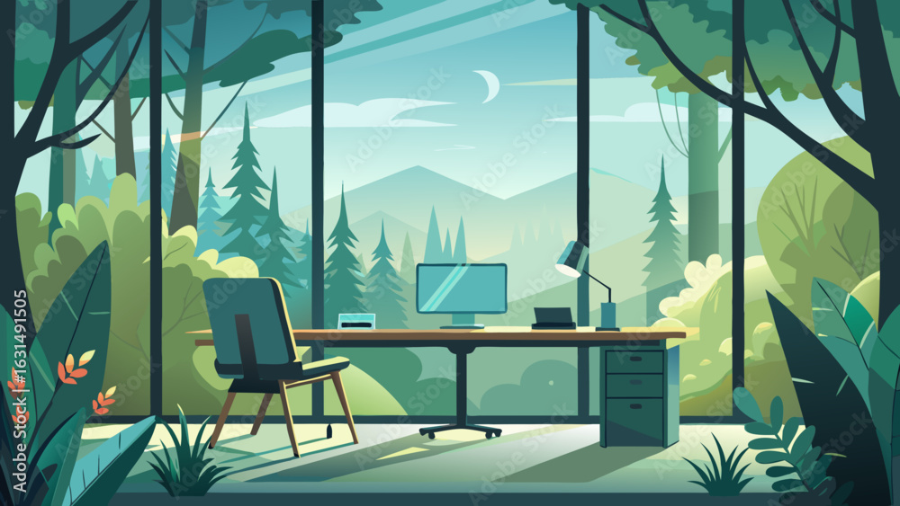 Obraz premium Vector art of modern office workspace with a computer desk and chair, surrounded by a stunning natural forest and mountain view through large windows, blending work and nature