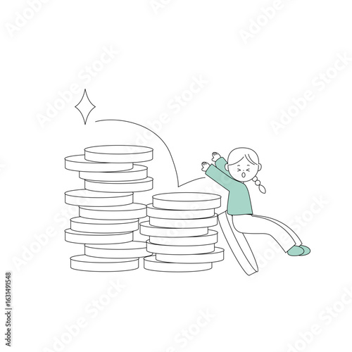 お金から転がり落ちる女性のイラスト
