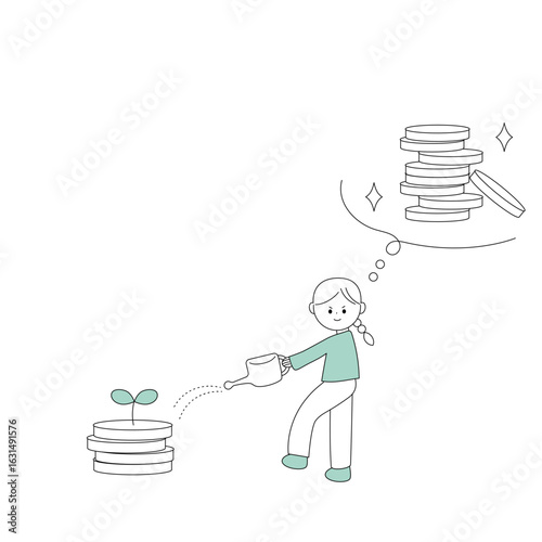 お金を増やす気満々の女性のイラスト