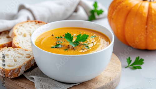 温かいかぼちゃスープとパン - 秋の食卓, Warm Pumpkin Soup and Bread - Autumn Table