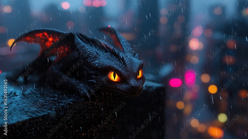 Obraz premium Dark dragon in the rain on a city rooftop.