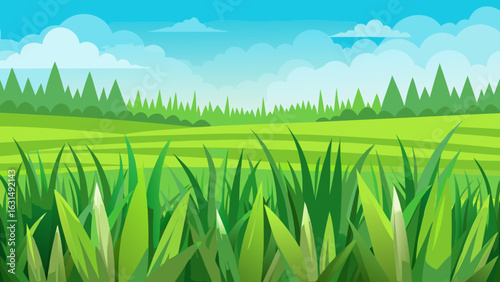 Vector art of expansive rolling green hills covered in lush grass extend to a distant forest under a bright blue sky with scattered clouds, showcasing the beauty of the natural landscape