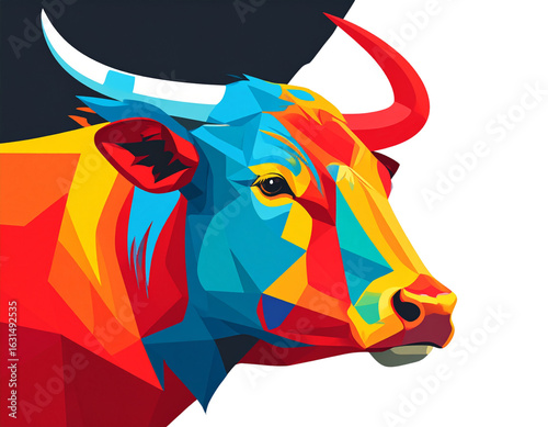 Vibrant Abstract Colorful Bull Head Illustration, Side View, Isolated on Transparent Background
