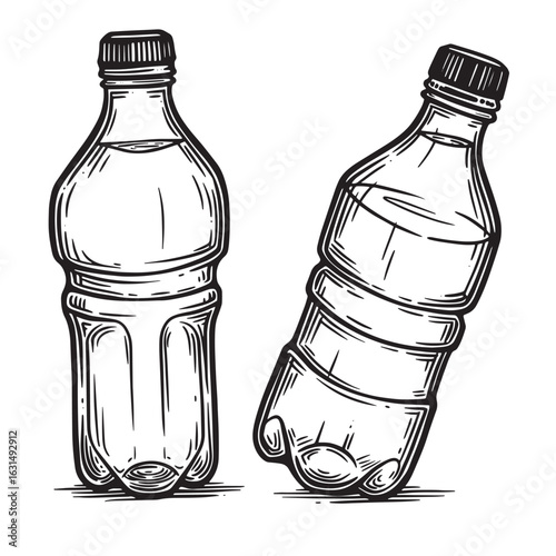 Hand drawn illustration of two water bottles in a vintage engraving style with liquid