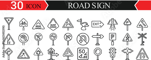 Road sign Line Icons. Editable Stroke bundle. Contains such icons as Road, Traffic Light, Speedometer, Stop Sign, Traffic Cone, Car, Vehicle, Warning Sign, Navigation, 