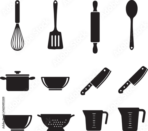 Collection of Black Silhouette Kitchen Utensils and Cookware on White Background Keywords: kitchen, utensils, cookware, cooking, baking, whisk, spatula, rolling pin, spoon, pot, bowl, colander
