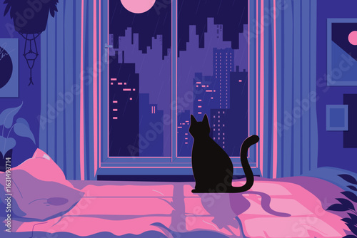 Vibrant and Atmospheric Lofi Interior Scene with Cat Background