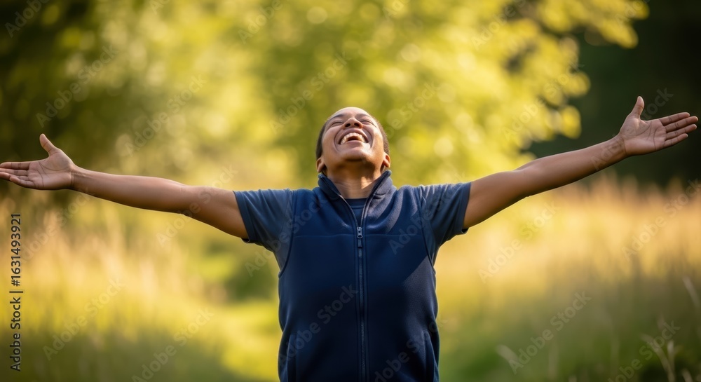 Fototapeta premium Person with arms outstretched upwards in a joyous pose smiling with eyes closed against a blurred green natural background Happy Freedom Outdoors Nature