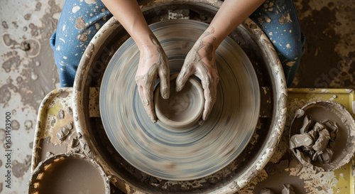 young man working at home with pottery