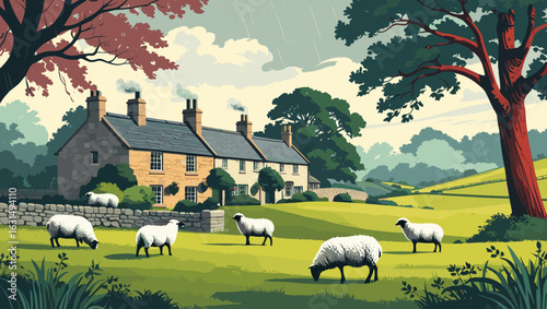 Charming countryside scene with a cottage and grazing sheep in a green landscape