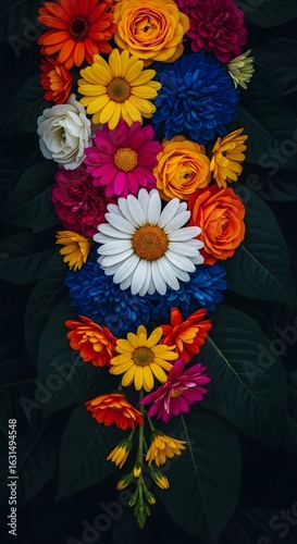 A vibrant vertical arrangement of colorful flowers against a dark background