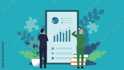 モニターに表示されたデータを分析しているビジネスマン（青）　Businessman analyzing data displayed on a monitor (blue)