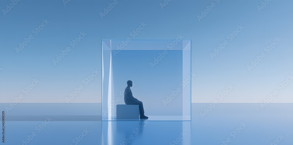 Obraz premium Man in clear box, curled in thought. Abstract metaphor for inner limits and emotional block.