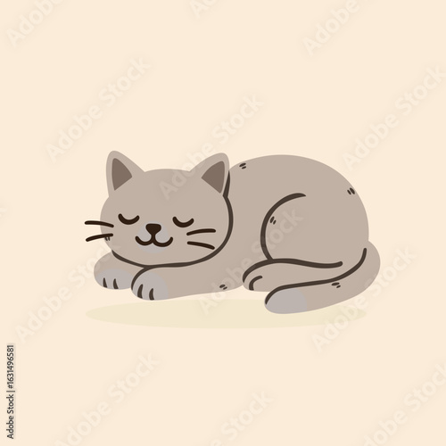 Cute gray kitten sleeping peacefully. Adorable cartoon cat napping, isolated vector illustration for nursery or pet design.