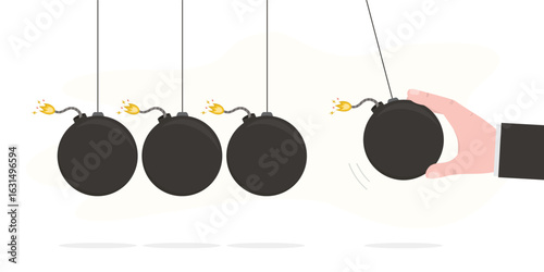 Impact pendulum with bombs. Businessman holding balancing balls Newton's cradle with burning fuse on crisis bomb. Start economic and financial crisis, recession.