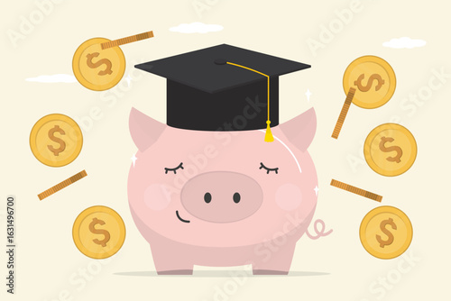 Cute piggy bank with graduation cap, gold coins with dollar sign. Savings for education. Education fund, student scholarship or loan, collecting money for school fees.