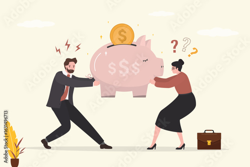 Angry husband and wife pull piggy bank with money in different directions. Divorce, married couple shares retirement savings, family budget. Сonflict over financial spending