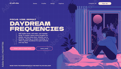 Digital Illustration of Lofi Bedroom and Night City Landing Page