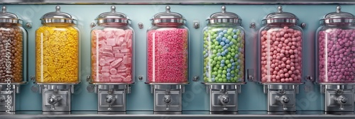 Colorful candy dispensers filled with various sweets in a retro setting at a candy shop during daylight hours