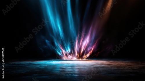 An artistic representation of dynamic light rays emanating from a central point, creating a colorful smoke effect that symbolizes energy and creativity in abstract art.