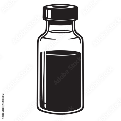 Simple black and white illustration of a medicine bottle containing liquid medicine
