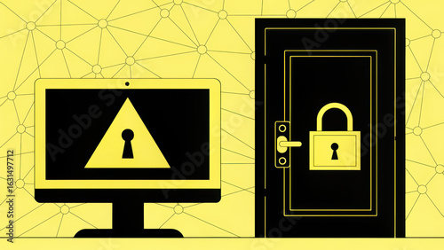 Computer screen displays warning symbol indicating security threat, alongside locked door symbolizing protection against unauthorized access