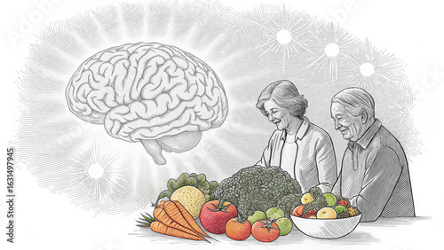 Healthy eating promotes cognitive function, showcasing brain illustration with elderly individuals selecting nutritious fruits and vegetables