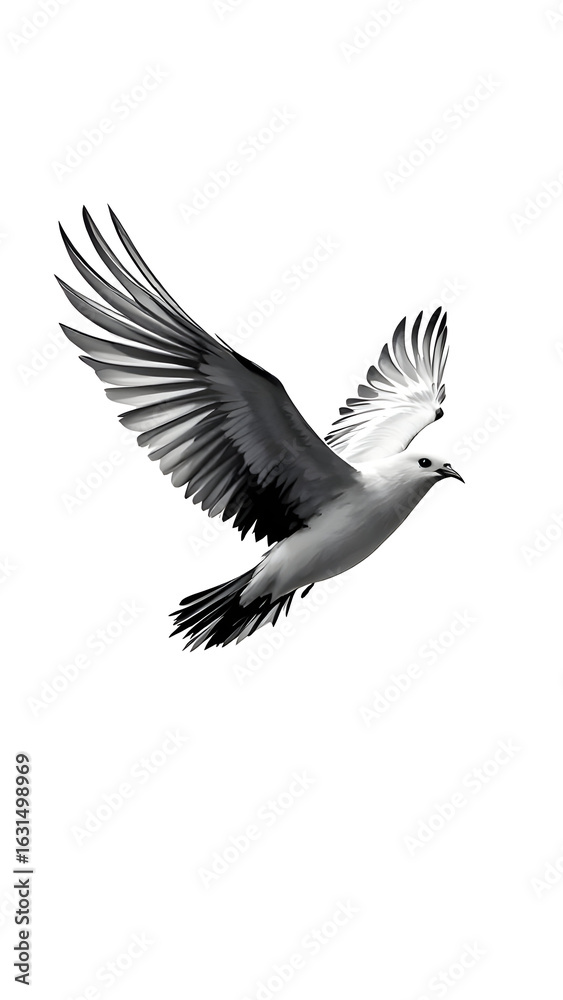 Naklejka premium A grayscale illustration of a bird in flight with its wings spread on a plain white background