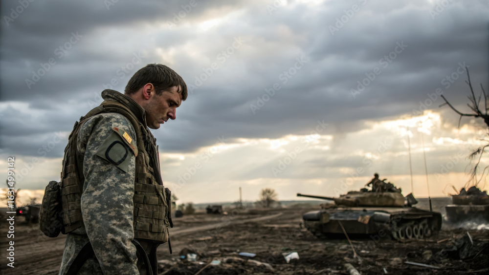 custom made wallpaper toronto digitalSoldier stands solemnly in war torn landscape, reflecting on psychological effects of combat amidst remnants of conflict