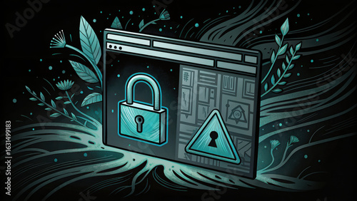 Secure web browsing is essential for protecting sensitive information, featuring lock symbol and warning sign to highlight risks