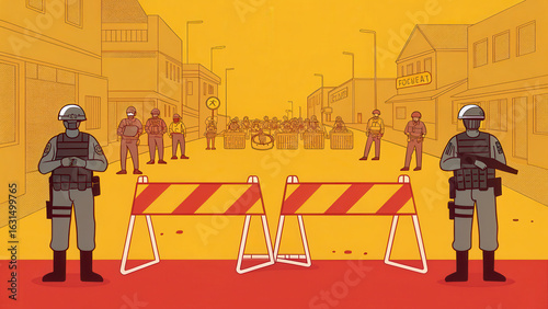 Police officers stand guard at barricade in tense urban environment, highlighting themes of security and authority amidst civil unrest