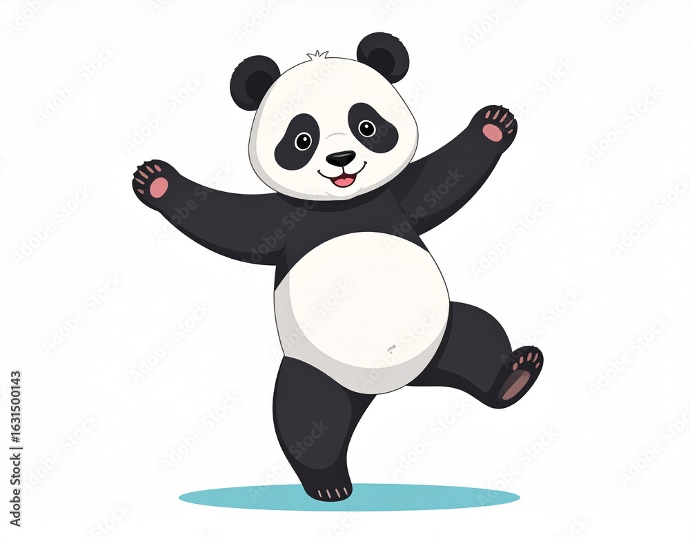 Naklejka premium Happy Cartoon Panda Standing with Arms Up and One Leg Raised
