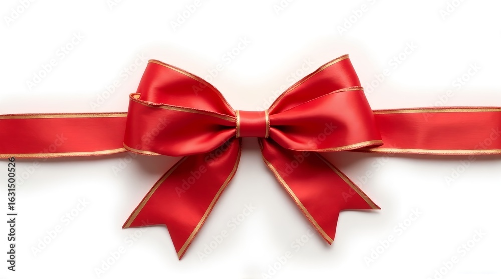 Fototapeta premium A shiny red ribbon with gold trim tied in a bow on a white background in a horizontal orientation