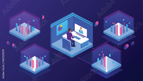 Isometric view of a man at a desk with video call and data charts in connected hexagonal rooms