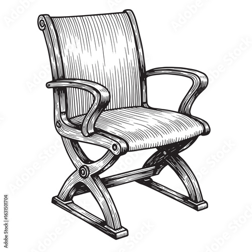 Vintage hand drawn illustration of a wooden armchair in detailed engraving style