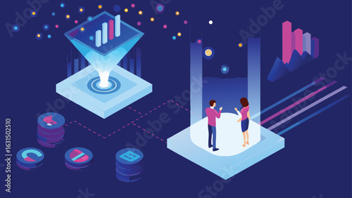 Isometric illustration of data analysis with people and holographic charts in a blue environment