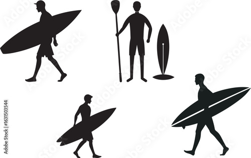 Silhouetted Figures Carrying Surfboards and Paddle Boarding Gear at the Beach Enjoying Water Sports