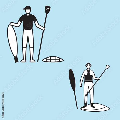 Stylized Paddleboarding and Surfing Illustrations on a Light Blue Background, Simple Two-Tone Design