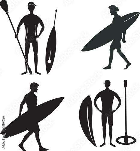 Silhouetted Figures Enjoying Water Sports Paddleboarding and Surfing