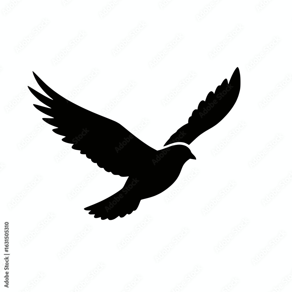 Obraz premium solid black silhouette of a flying bird with wings spread, minimal clean vector style, white background